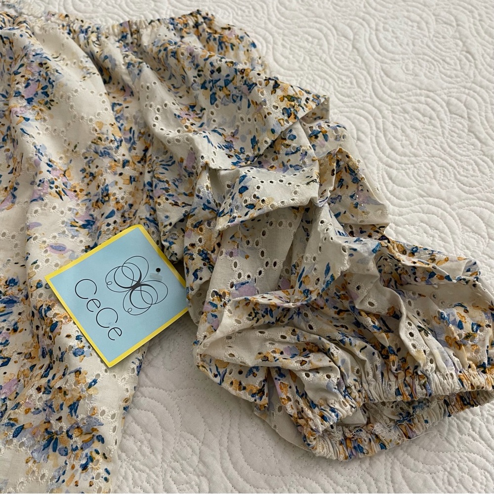 CeCe Women’s Peasant Eyelet Floral Blouse Ruffled Sleeve Cottage Size L - Picture 6 of 13